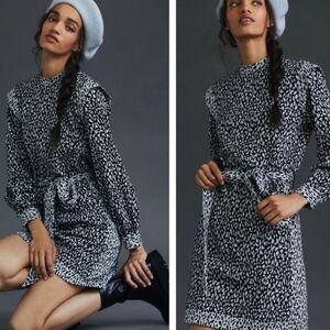 Hutch Long Sleeve Spotted Mini Dress Size XS Ruffles Tie Waist Mock Neck Pockets